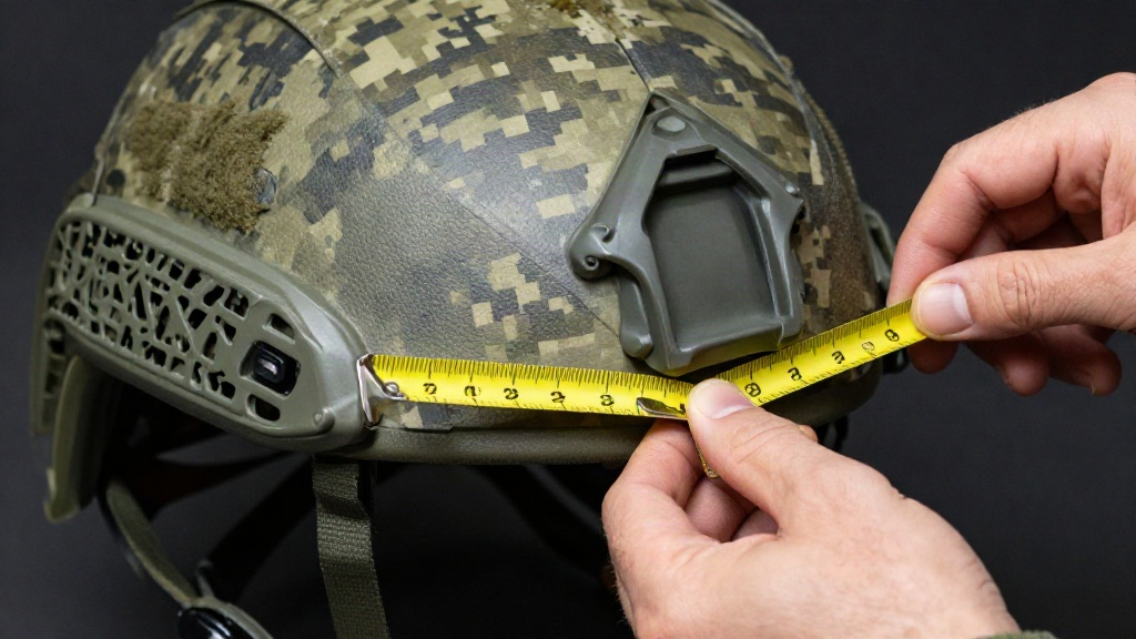 Руки чоловіка міцно тримають сантиметрову стрічку навколо зовнішньої оболонки тактичного шолома, вимірюючи його зовнішній діаметр.