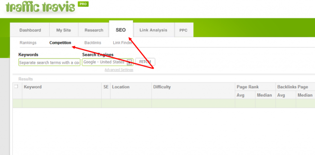 Когда Трафик Трэвис загружен, убедитесь, что у вас выбрана вкладка SEO, а затем выберите вариант соревнования в этом