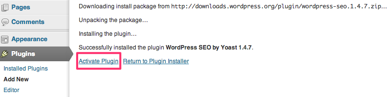 Что вам нужно сделать, это просто нажать на ссылку «Активировать плагин», и все, ваш плагин будет установлен, и вы увидите сообщение, которое будет отображаться - успешная установка WordPress SEO с помощью плагина Yoast вместе с версией номер, как показано ниже: