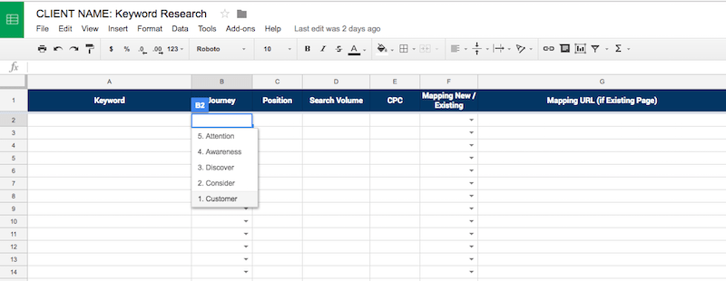 Мы используем Google Sheets для записи нашего исследования ключевых слов - наш шаблон доступен в   наш раздел инструментов   ,