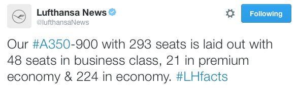 Вчера аккаунт в Lufthansa News Twitter подтвердил количество мест в каждой кабине A350 (мы уже знали это) ……