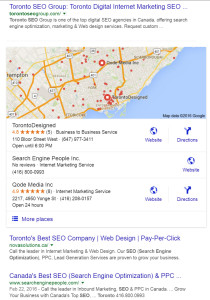 Jeśli spojrzysz na zawartość strony i linki zwrotne, na przykład na najwyżej ocenione strony internetowe dla wyszukiwania takiego jak „Toronto SEO company” lub „North York SEO company”, zobaczysz mieszany pakiet strategii wykorzystanych dla obu