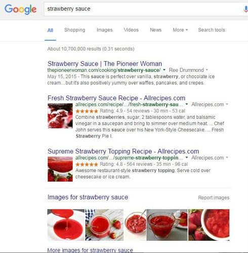 Якщо ввести в пошуковий рядок Google запит [полуничний соус], то SERP буде виглядати приблизно так: